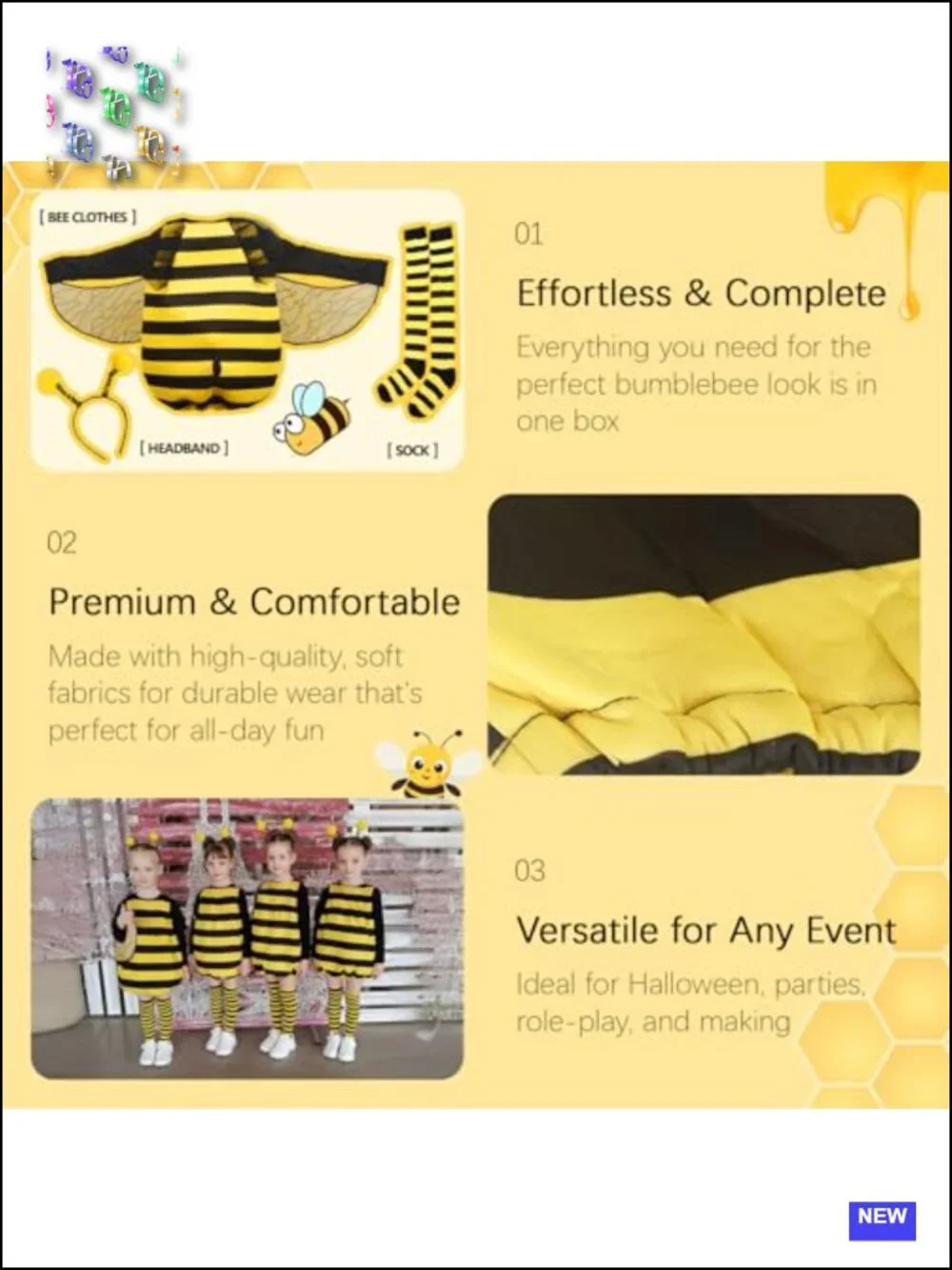 Kids Halloween Bumble Bee Costume with Wings and Headband, Zipper Closure